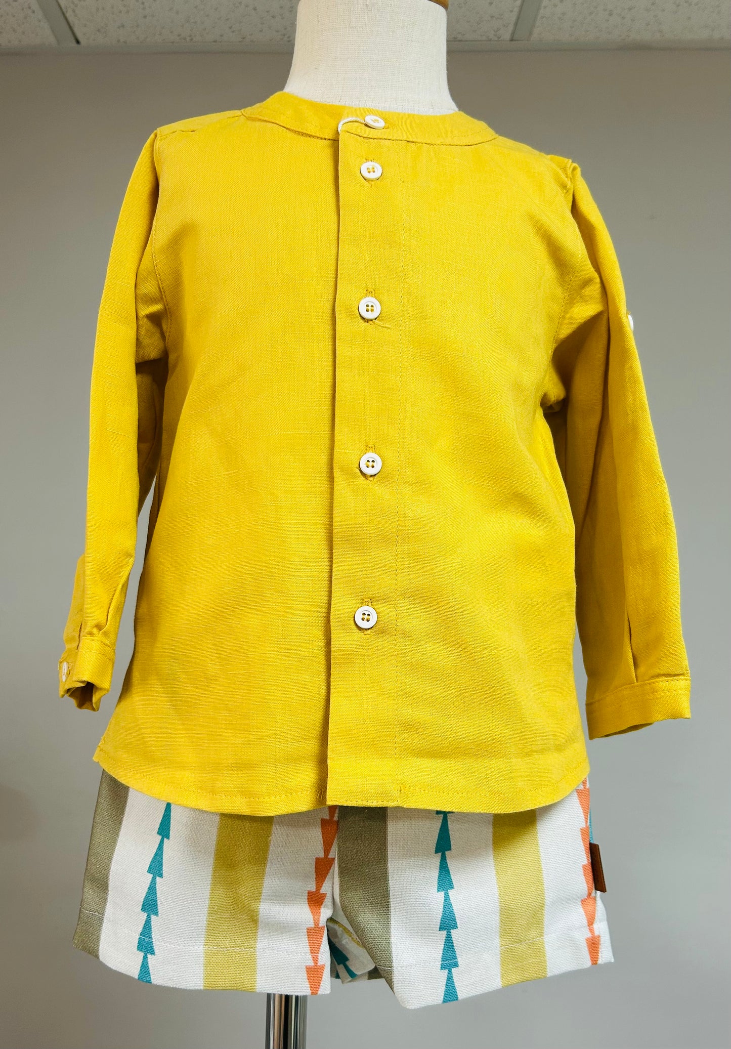 Cocote Baby & Kids Conjunto Camisa Lino Mostaza Y Pantalón Corto Rayas