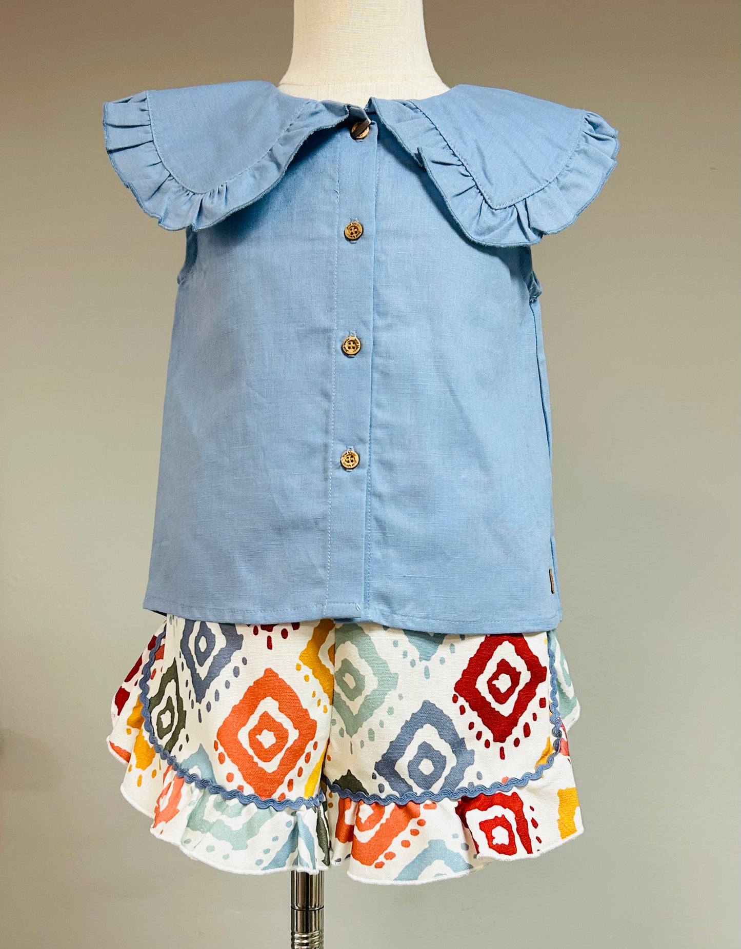 José Varón Conjunto Blusa Lino Celeston Y Short Étnico