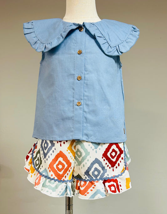 José Varón Conjunto Blusa Lino Celeston Y Short Étnico