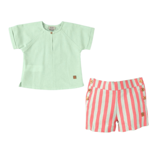 Jose Varon Green Short Sleeves Shirt and Red/Green Stripes Shorts