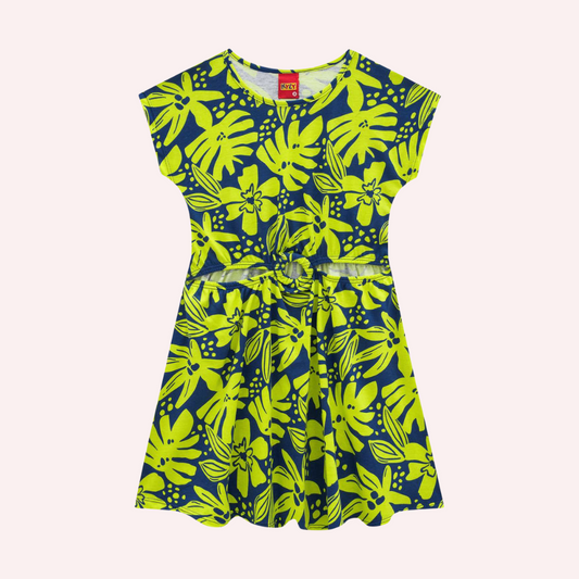 Kyly Blue and Lime Leaves and Flowers Printed Dress