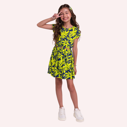 Kyly Blue and Lime Leaves and Flowers Printed Dress