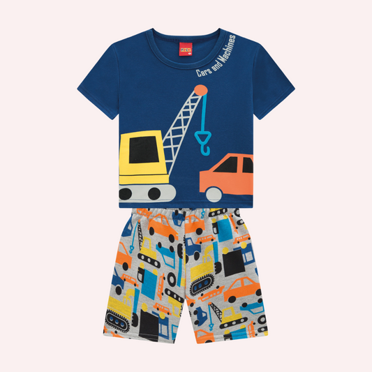 Kyly Cars and Machines Blue Graphic T-Shirt and Grey Printed Shorts