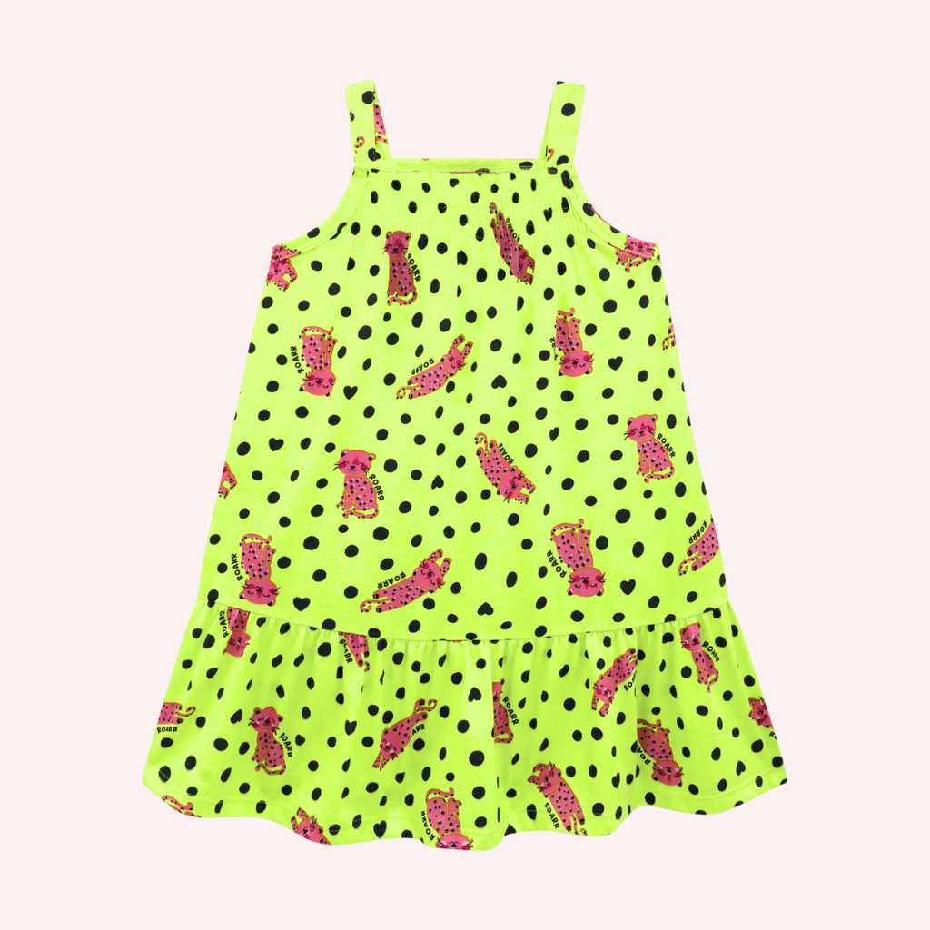 Kyly Lime Dress with Black Polka-dots and Pink Printed Leopard