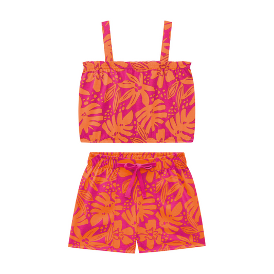 Kyly Orange and Fuchsia Tropical Pattern Tank-Top and Shorts