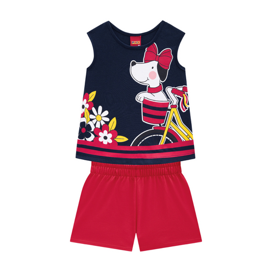 Kyly Puppy and Flowers Blue Printed Tank Top and Red Cotton Shorts