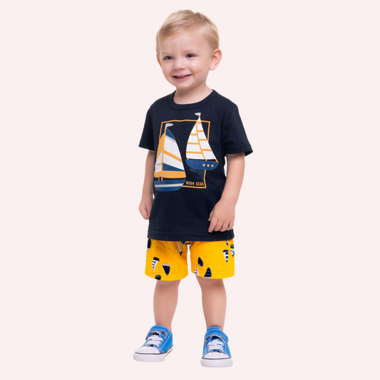 Kyly Sailboat Graphic T-Shirt and Printed Bermuda Shorts