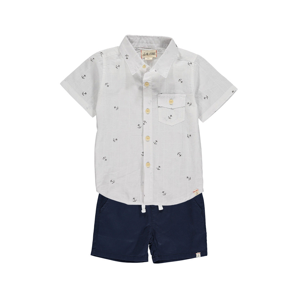 Me & Henry Aloha White Anchor Shirt and Navy Twill Shorts