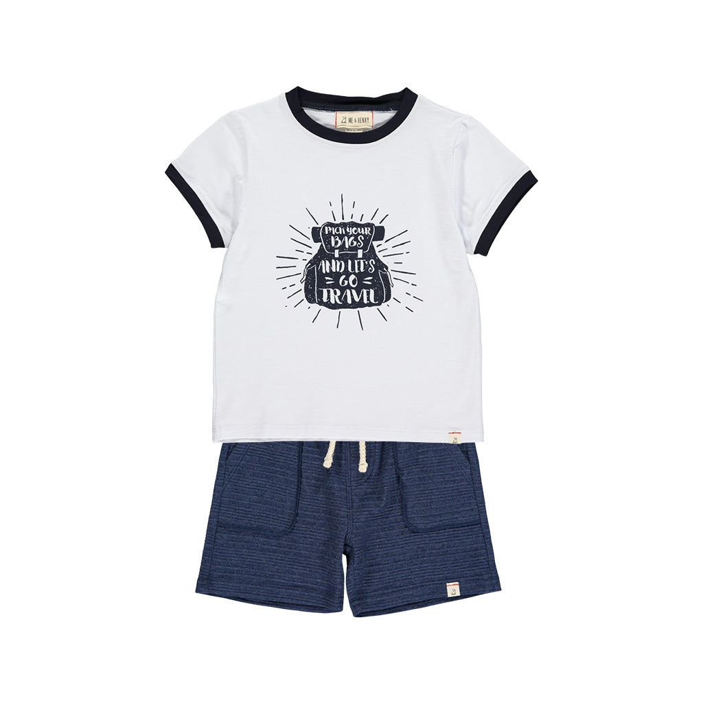 Me & Henry Pack Your Bags Printed T-Shirt and Navy Ribbed Shorts