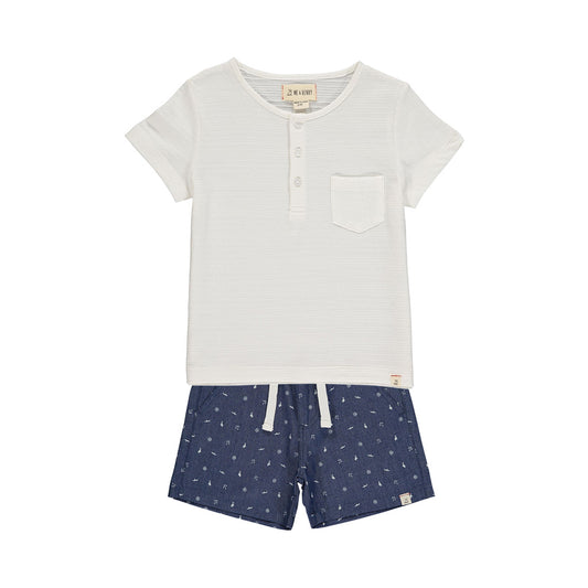 Me & Henry White Ribbed Dodger Henley and Dark Chambray Sailor Print Shorts