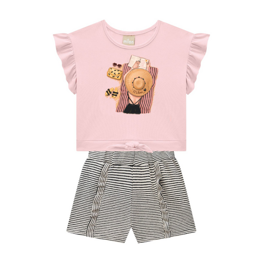 Milon Beach Day Ruffled Graphic T-Shirt and Ruffled Striped Shorts