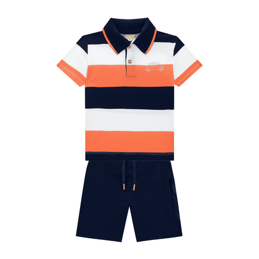 Milon Coral and Navy Striped Polo and Navy Twill Bermudas