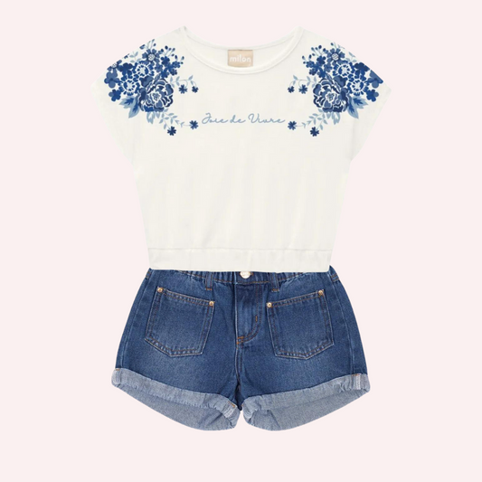 Milon Off White Blue Flowers Crop-Top and Denim Shorts