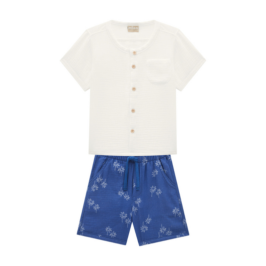 Milon Soft Ribbed Cotton Off-white Button Up Shirt and Bermuda Shorts