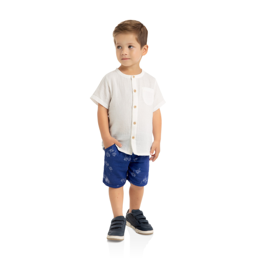 Milon Soft Ribbed Cotton Off-white Button Up Shirt and Bermuda Shorts