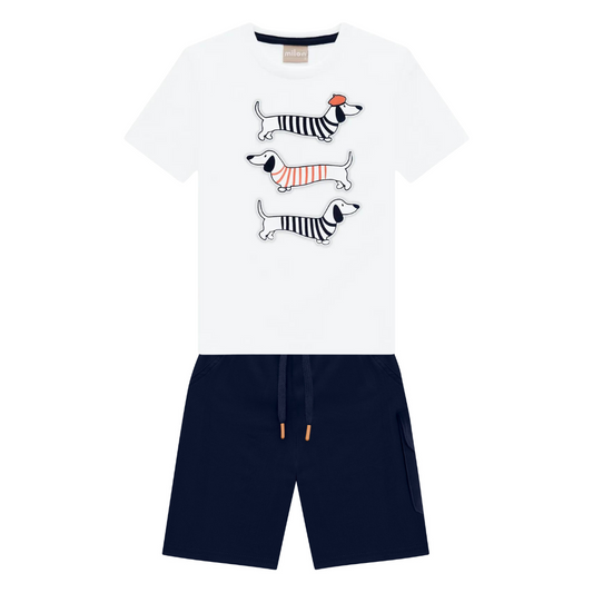 Milon Three French Dachshunds Graphic T-Shirt and Navy Twill Bermudas