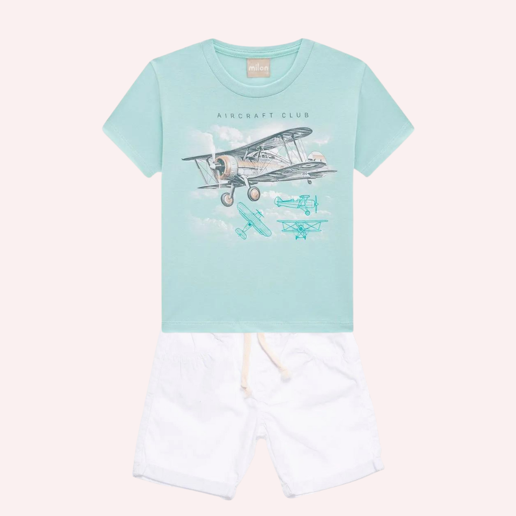 Milon Vintage Green Airplane on Clouds and White Twill Shorts