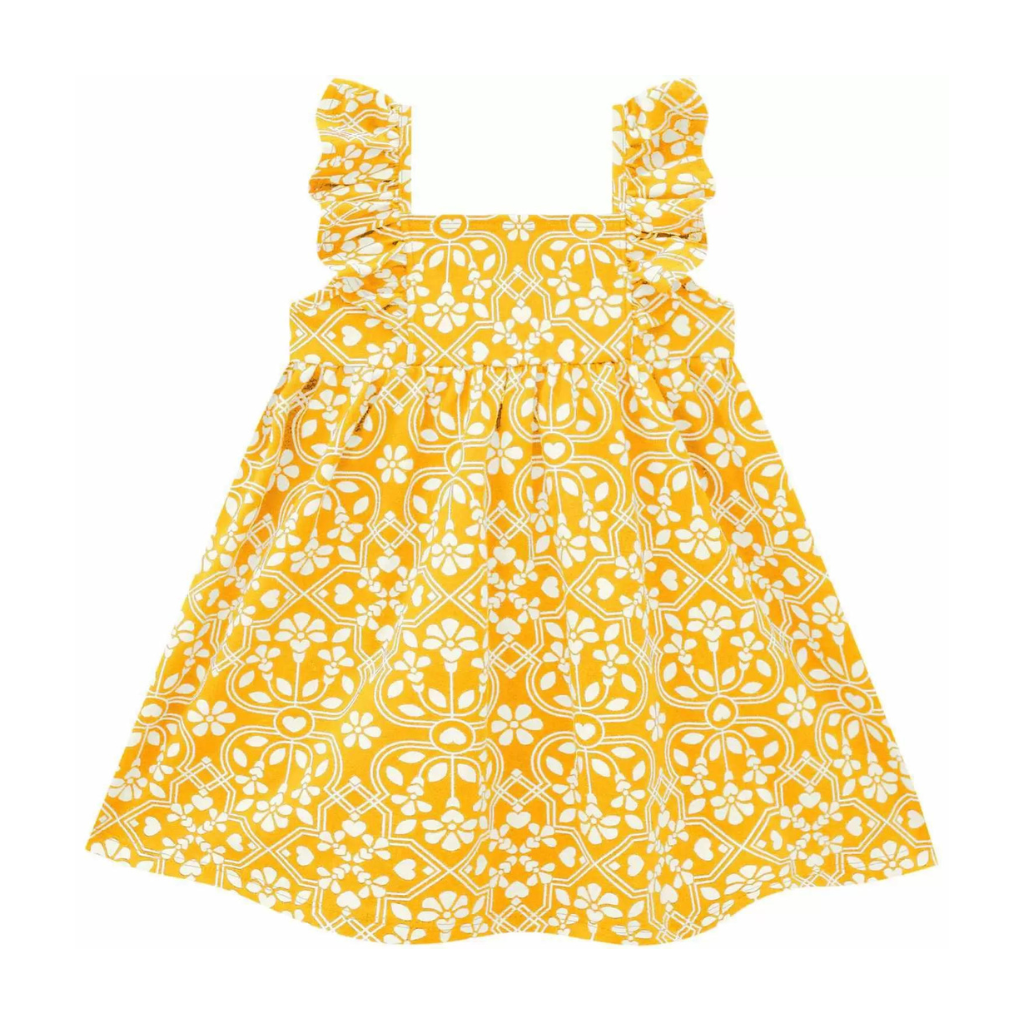 Milon Yellow Flowers and Hearts Ruffled Sleeves Dress