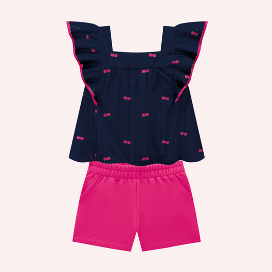 Nanai Blue Cherry Top and Pink Cotton Shorts