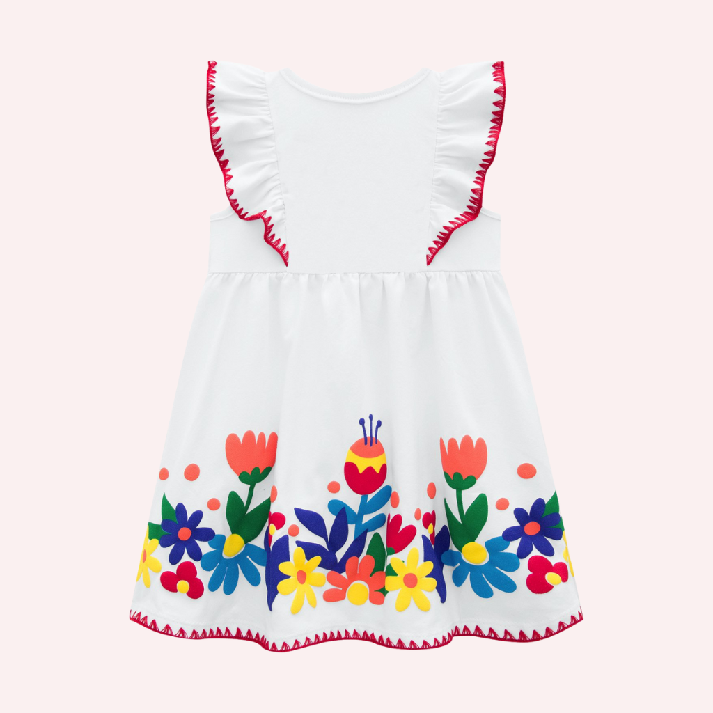 Nanai White Floral Dress with Red Stitching