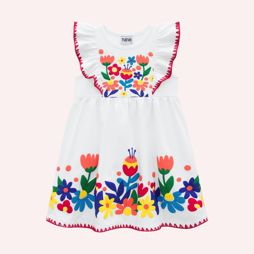 Nanai White Floral Dress with Red Stitching