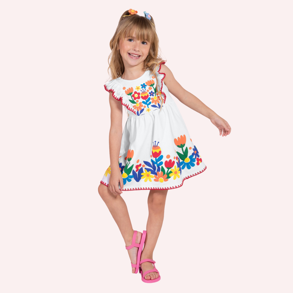 Nanai White Floral Dress with Red Stitching