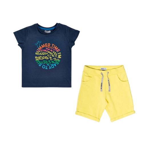 TUCTUC NK Beach Days Waves Navy T-Shirt and Yellow Knitted Bermuda Shorts