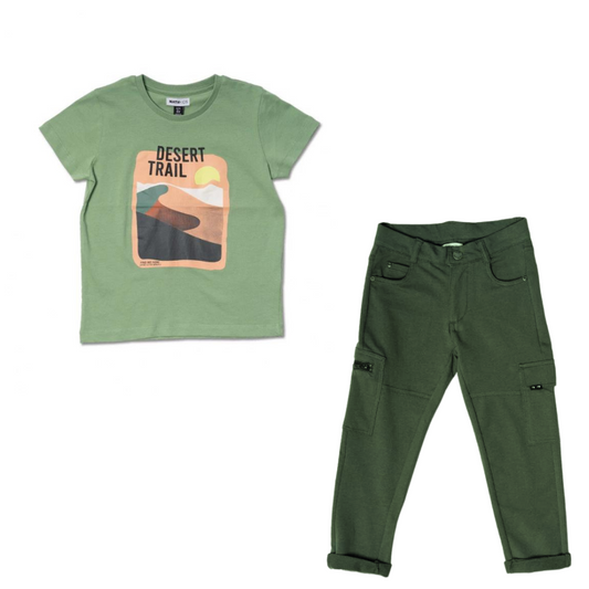 TUC TUC NK Desert Trail Green Knitted T-Shirt and Long Khaki Cargo Trousers