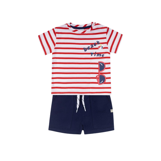 TucTuc Beach Day Red Striped T-Shirt and Navy Knitted Shorts