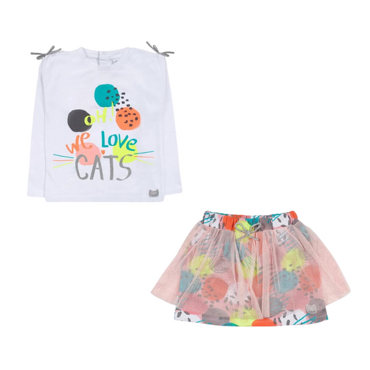 TucTuc Cattitude White Knit T-Shirt and Pink Knitted Tulle Skirt