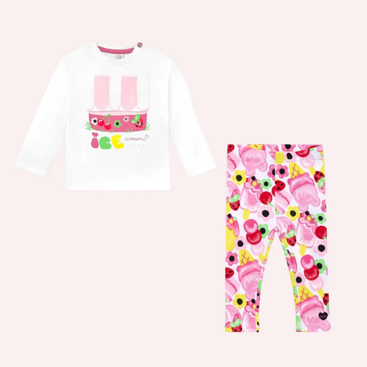 TucTuc Creamy Ice Long White Knit T-Shirt and Pink Knit Leggings