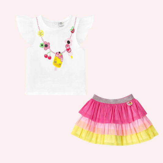 TucTuc Creamy Ice White Ruffled Knit T-Shirt and Fuchsia Tulle Poplin Skirt