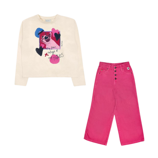 TucTuc Fav Things White Knitted T-Shirt and Fuchsia Twill Trousers