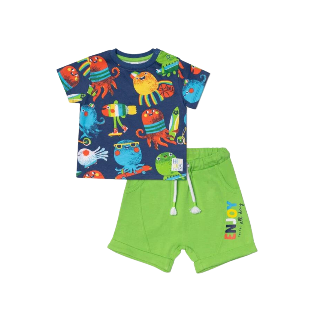 TucTuc Holidays Octopus Print Blue T-Shirt and Green Knitted Shorts Set