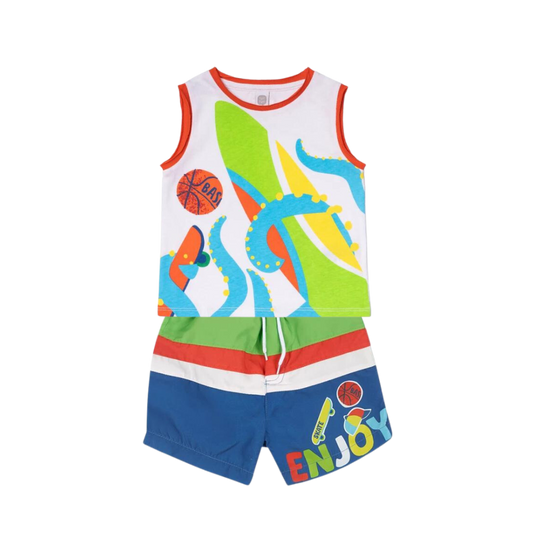 TucTuc Holidays Sleeveless T-Shirt and Blue Swim Trunks