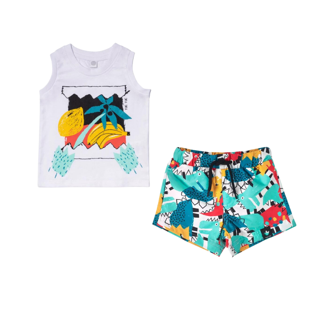 TucTuc Juicy White Knit Tank Top and Dino Swim Shorts