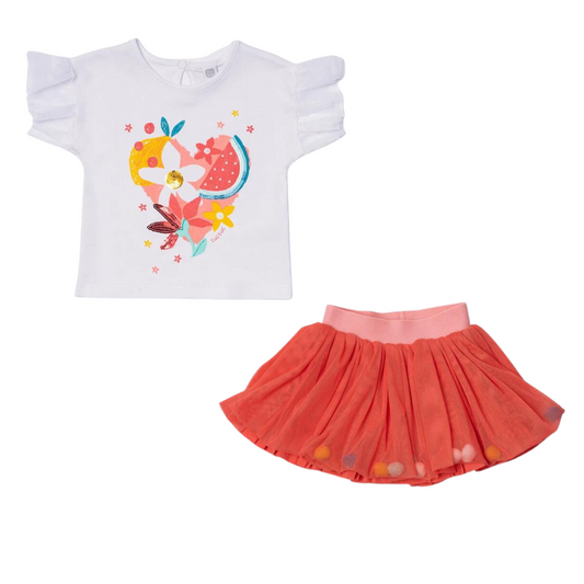 TucTuc Juicy White Knitted Ruffled T-Shirt and Red Crepe and Poplin Skirt