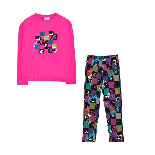 TucTuc K-Pop Fuchsia Knitted T-Shirt and Checkered Knit Leggings