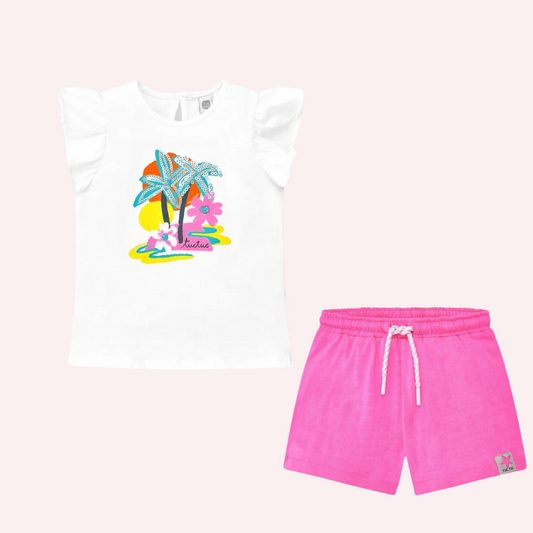 TucTuc Laguna Beach White Knit T-Shirt and Fuchsia Knit Bermuda