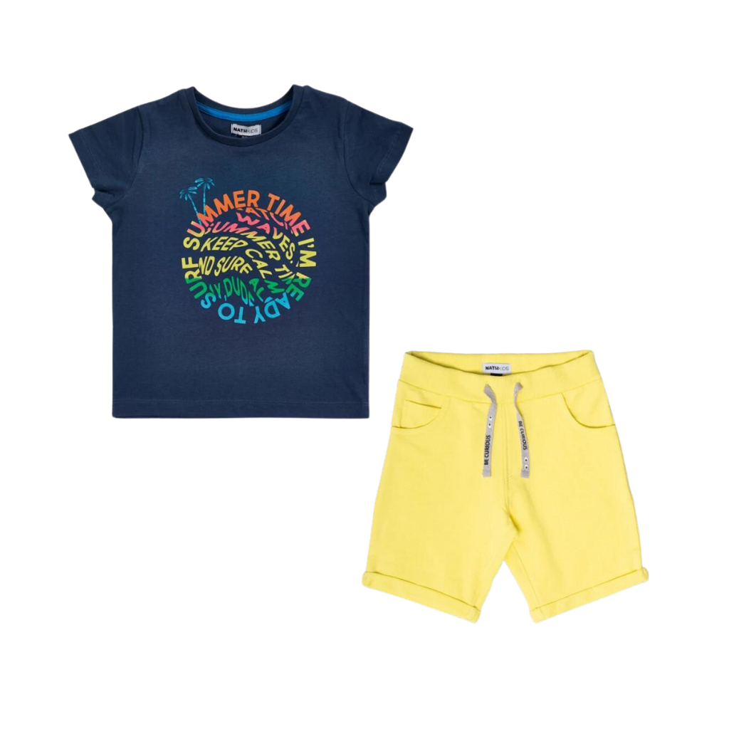 TucTuc NK Beach Days Navy Blue Knit T-Shirt and Yellow Knit Bermuda Frank