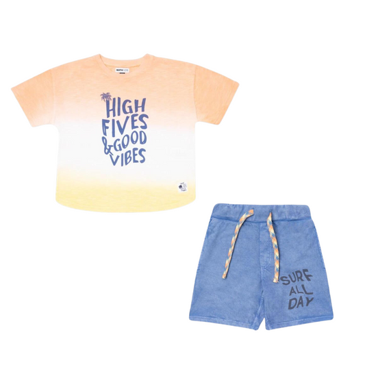 TucTuc NK Beach Days Yellow Orange Knit T-Shirt and Blue Bermudas