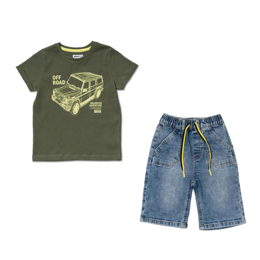 TucTuc NK Desert Trail Khaki Knit T-Shirt and Flat Blue Bermuda Shorts