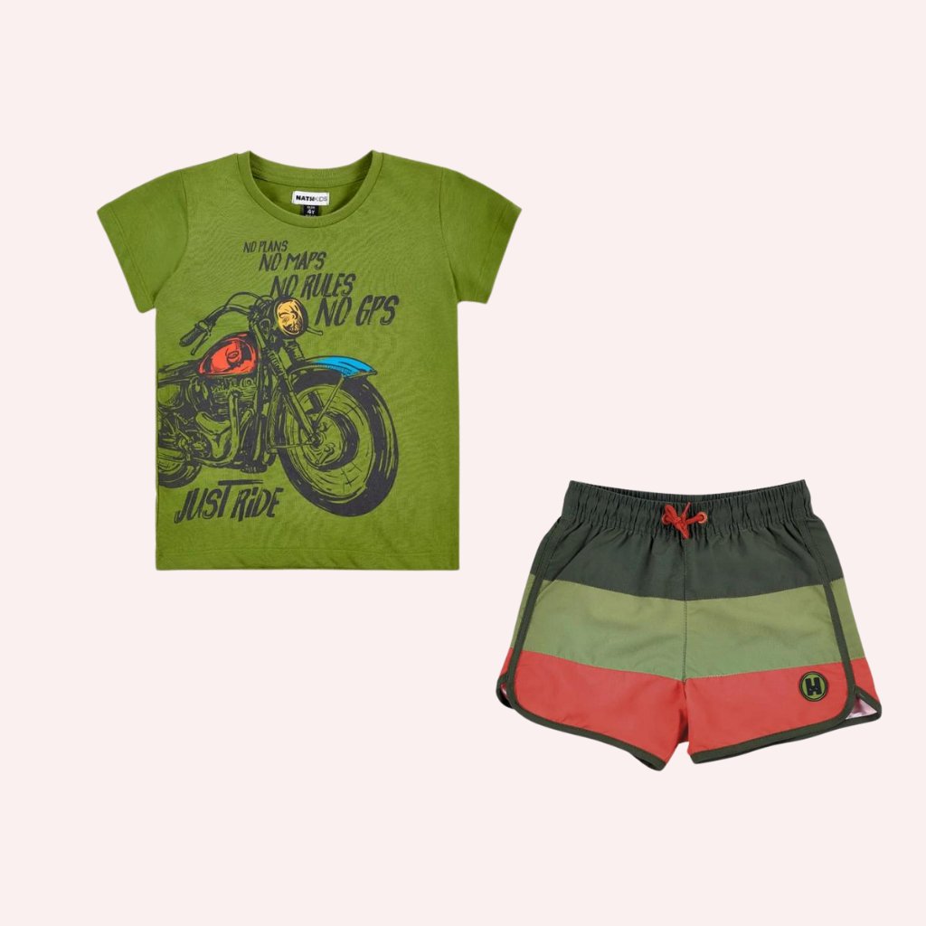 TucTuc NK My Plan To Escape Khaki Motorcycle T-Shirt and Orange Swimtrunks