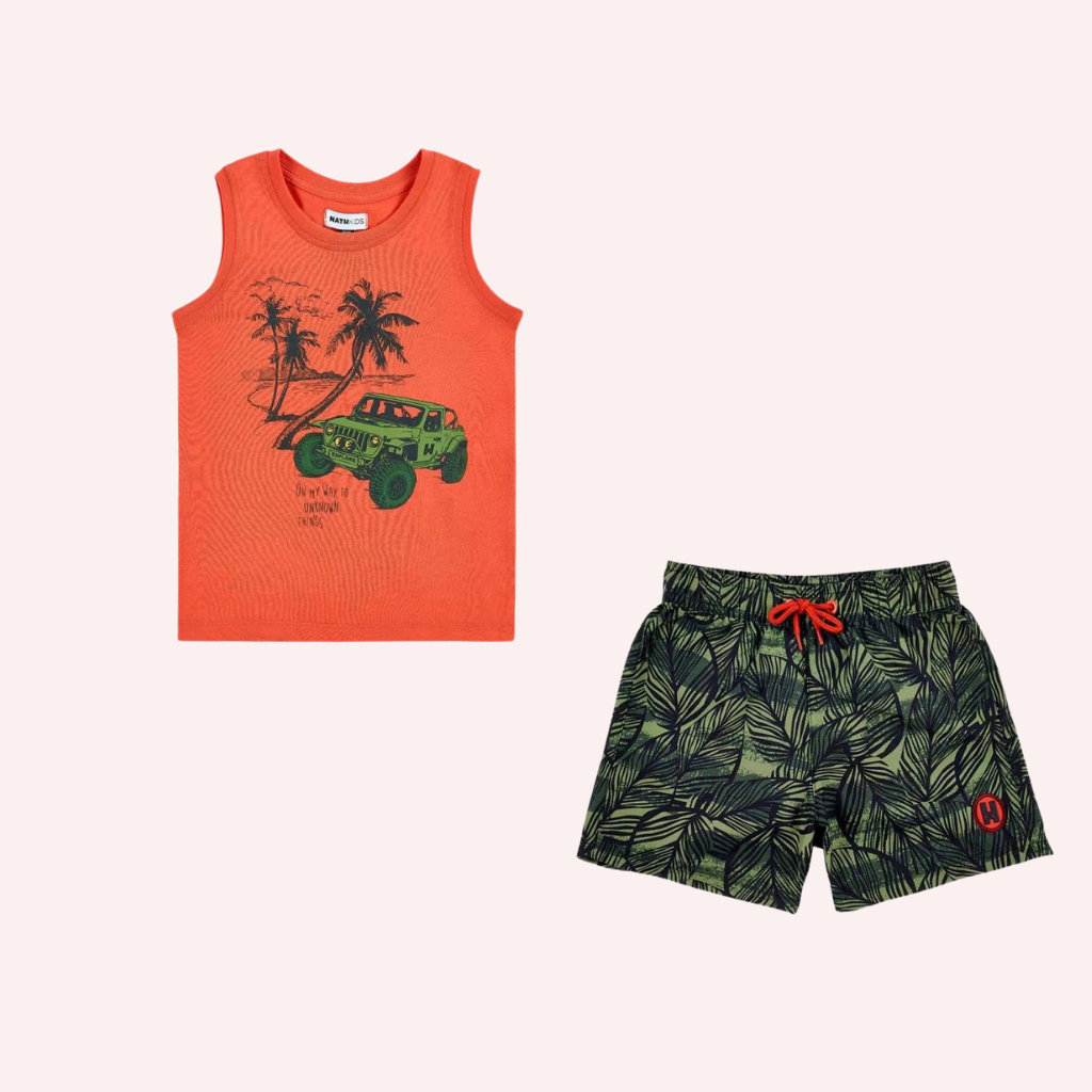 TucTuc NK My Plan To Escape Orange Knit Tank Top and Khaki Bermuda Swimsuit