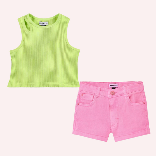 TucTuc NK Neon Jungle Green Knit T-Shirt and Pink Denim Shorts