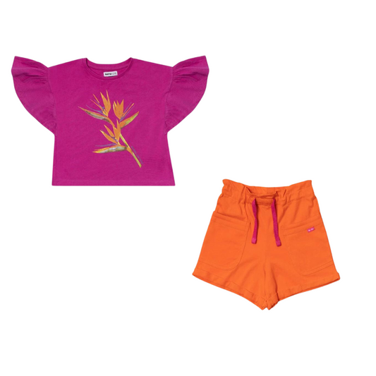 TucTuc NK Full Bloom Purple Knit T-shirt and Orange Knitted Shorts