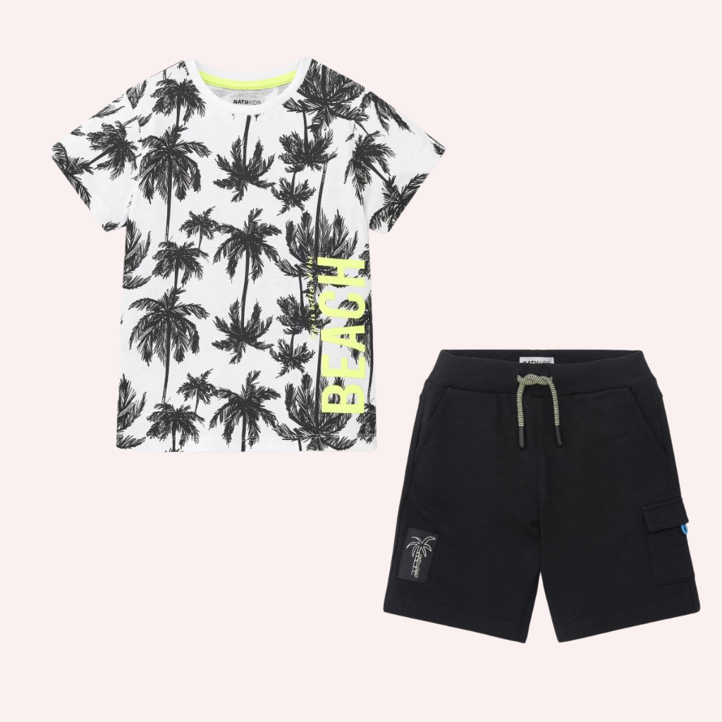 TucTuc NK Tenerife Surf Palm Trees White Knit T-Shirt and Black Knit Bermuda