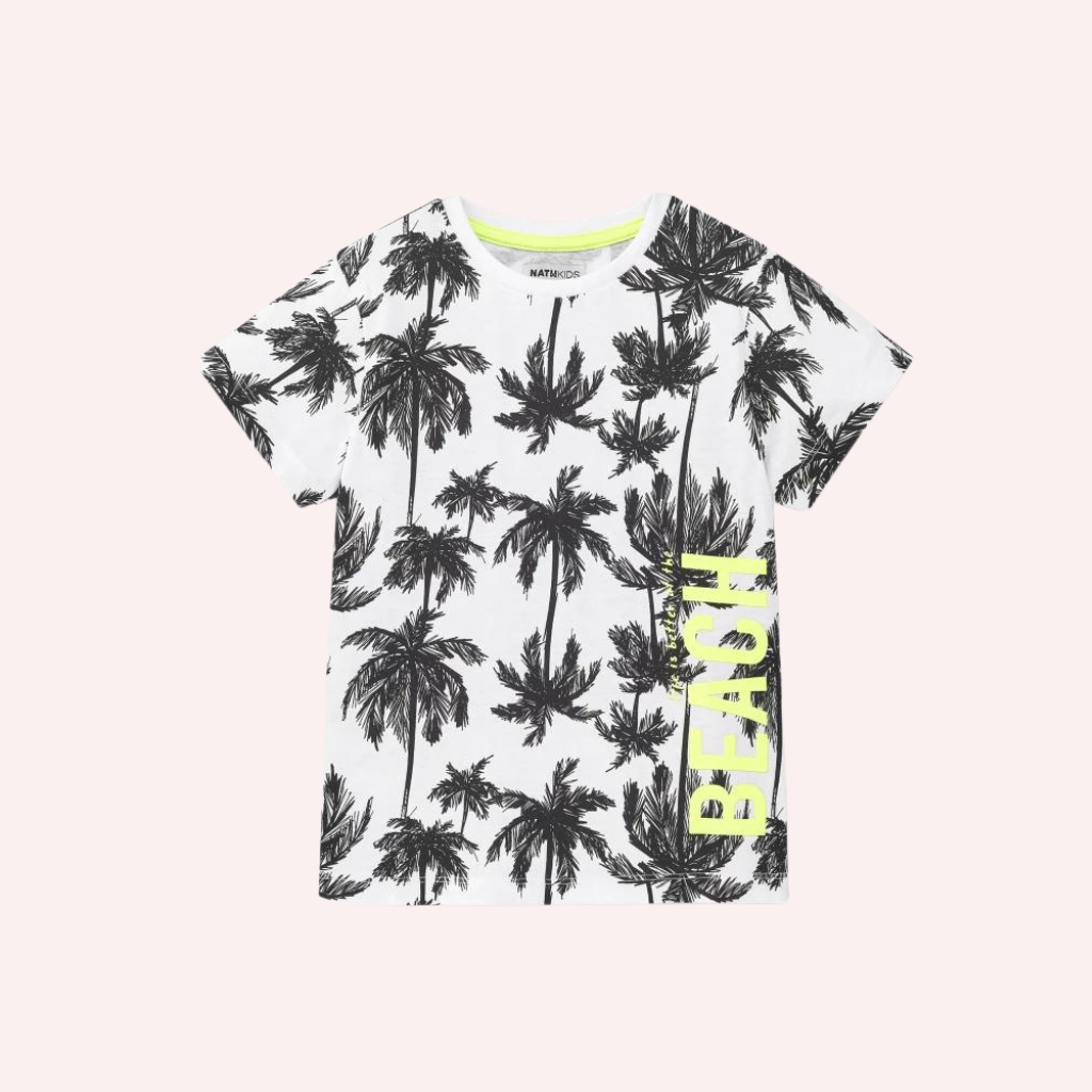 TucTuc NK Tenerife Surf Palm Trees White Knit T-Shirt and Black Knit Bermuda