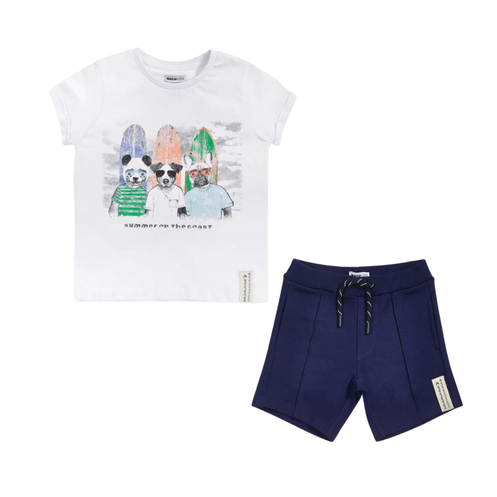 TucTuc NK The Coast White knitted T-Shirt and Navy Blue Knit Bermuda Shorts