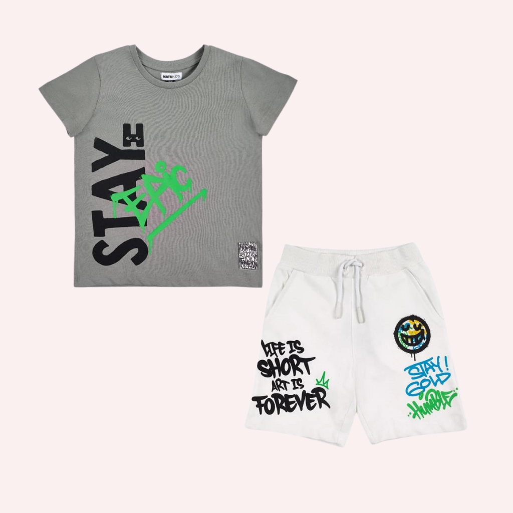 TucTuc NK Urban Attitude Gray knit T-Shirt and White Knit Bermuda Shorts